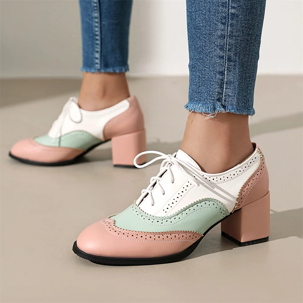 Plus Size 48 Vintage Red Brogue Shoes Chic Green Pink Patchwork Square High Heels Pumps Retro Lace-up Office Lady Daily Shoes_voghion.com