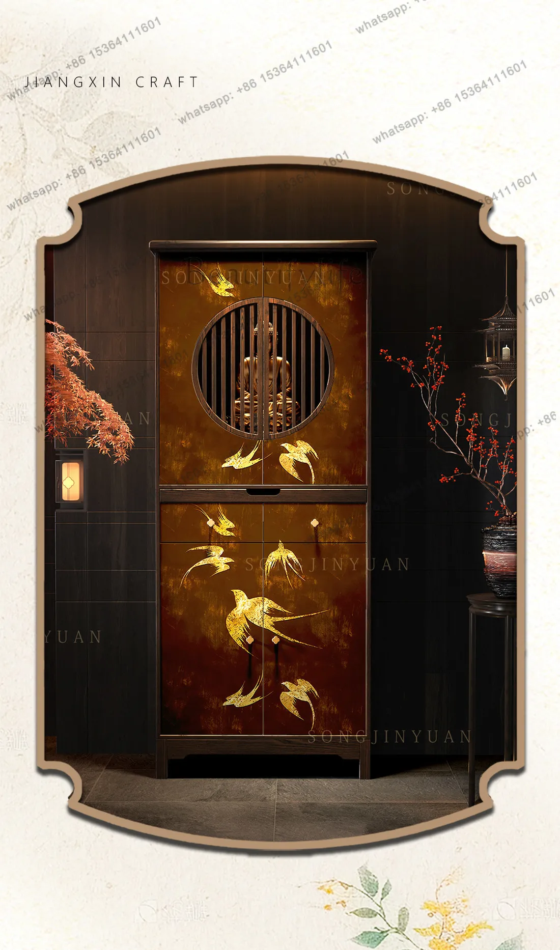 LX new Chinese solid wood Buddhist niche vertical cabinet with door Guanyin Bodhisattva God of Wealth offering platform