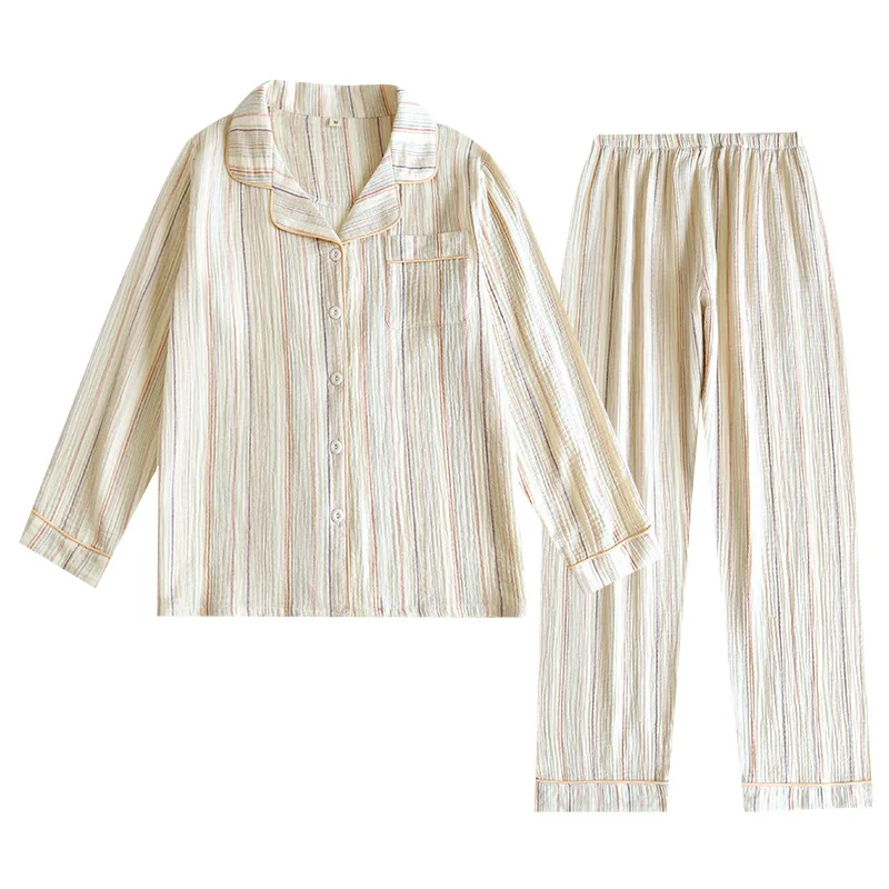 

2023 Autumn Striped Crepe Double Layer Gauze Couple Pajamas Cotton Long Sleeve Trousers Sleepwear Men's and Women's Home Clothes