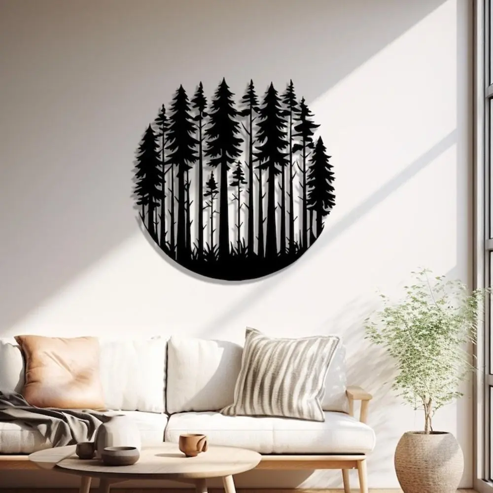 CIFBUY Black Iron Forest Silhouette Wall Sculpture, Circular Pine Tree Pattern Metal Wall Ornament for Indoor Decoration