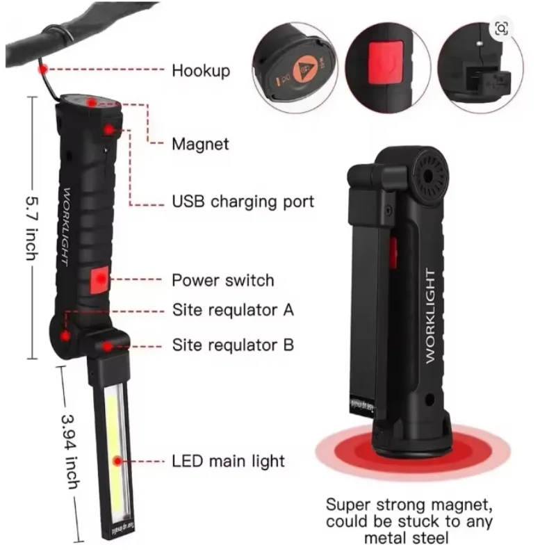 Rechargeable LED Work Light Flashlights Light Powerful LED Folding Portable For Camping Home Workshops
