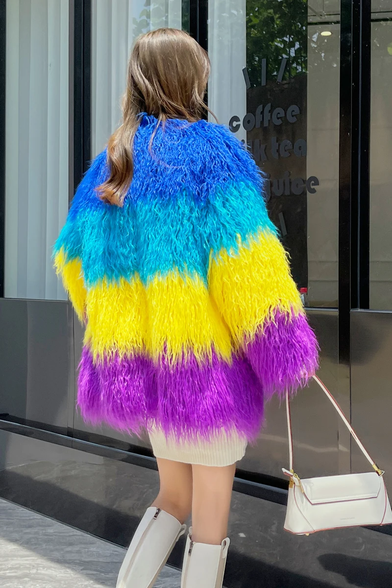 Young 2024 Tan Wool Colorful Women's Imitation Fur Stitching Contrast Color Fashion Mid-Length Autumn and Winter Artificial