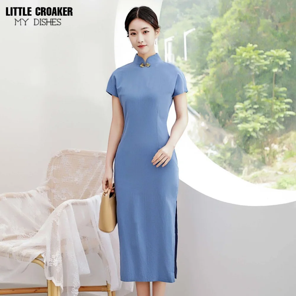 2023 Summer Medium Length Pure Cotton Solid Color Simple Middle-aged and Elderly Simple Elegant Qipao Short Sleeved Breathable