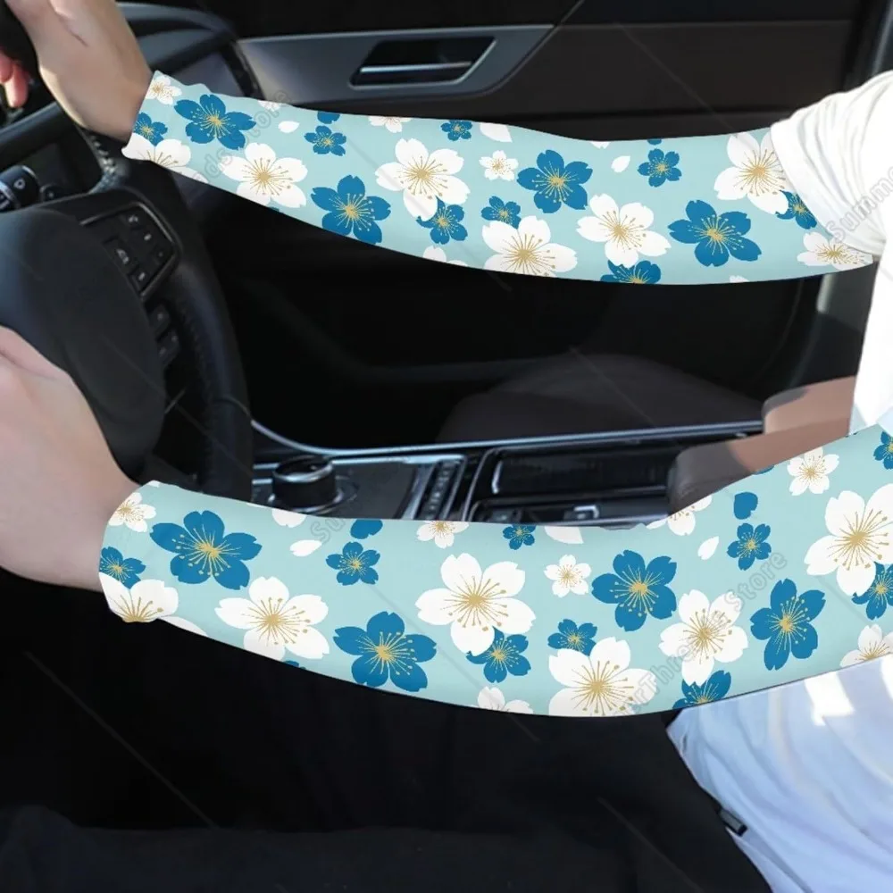 Blue Tropical Floral UV Sun Protection Arm Sleeves for Women Men, Cooling Sports Sleeves for Golf, Running, Cycling, Hiking
