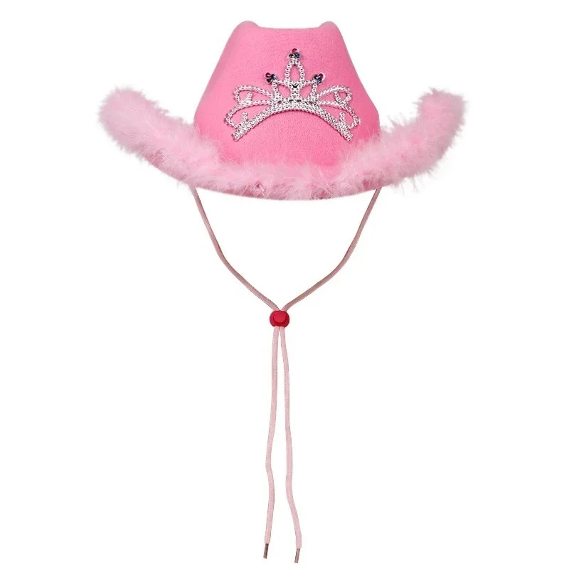 Y2K Pink West Cowgirl Hats for Women Cow Girl Hats Tiara Feather Felt Western Sequin Cowboy Hat Costume Party Play Dress Caps