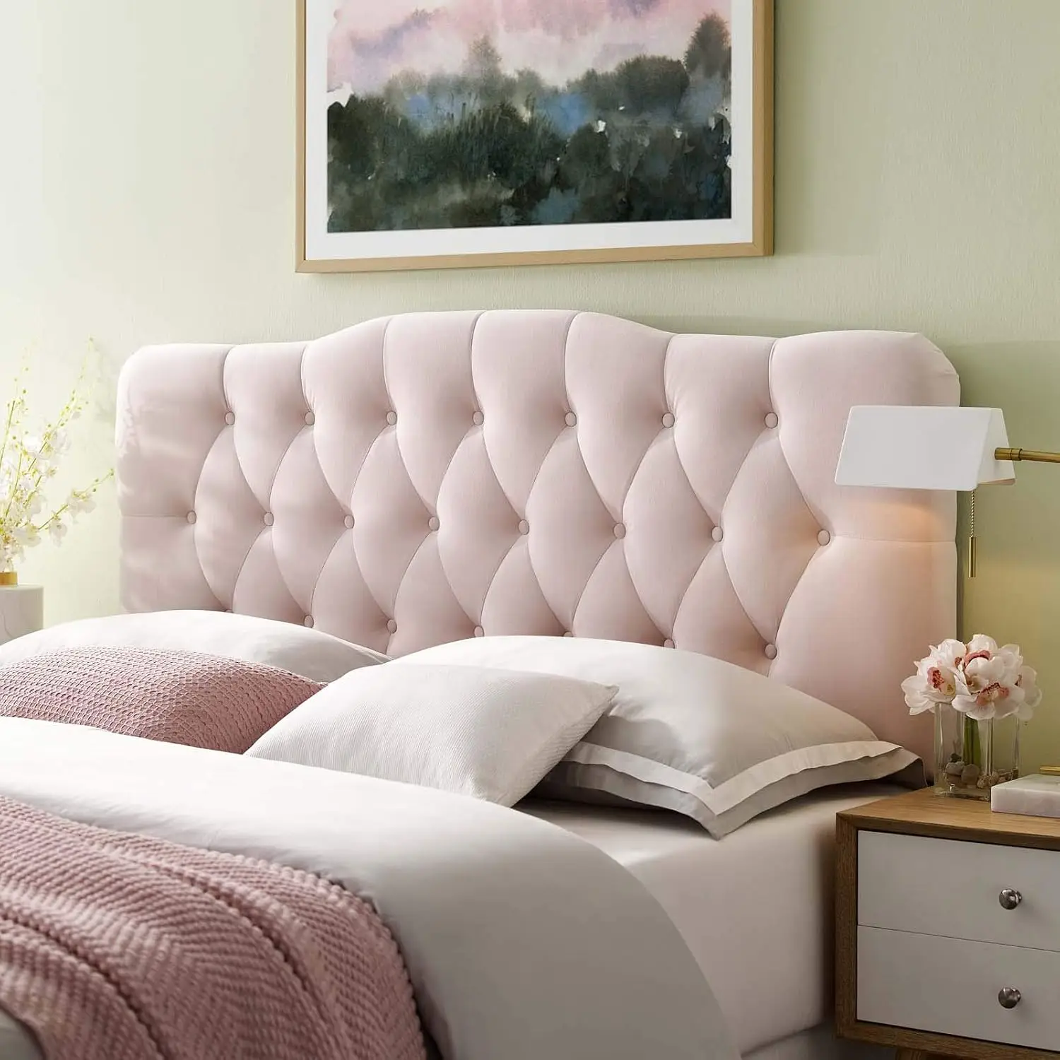 Diamond Tufted Velvet Queen Headboard, Upholstered Bedroom Furniture with Button Tufting, Pink, Customized