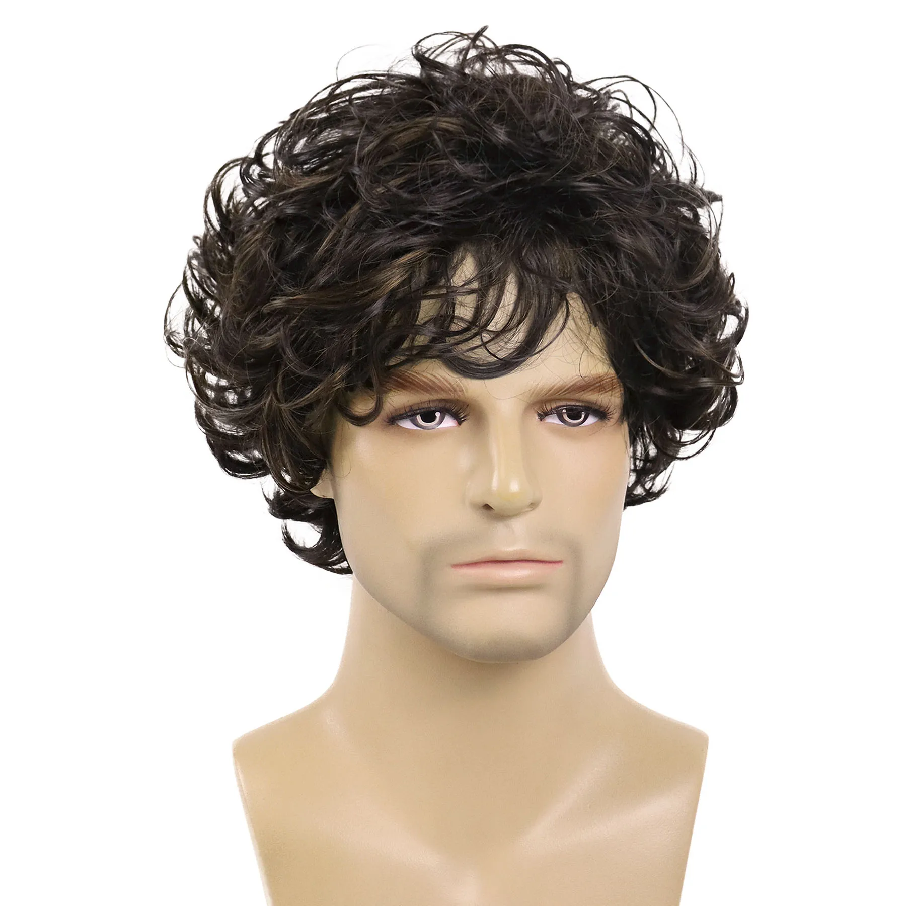 باروكات قصيرة مجعدة للرجال الآسيويات من الألياف الاصطناعية شعر مستعار بني مع الانفجارات شعر مستعار للرجال بني داكن تصفيفة الشعر الطبيعي شعر مستعار كامل للارتداء اليومي #2