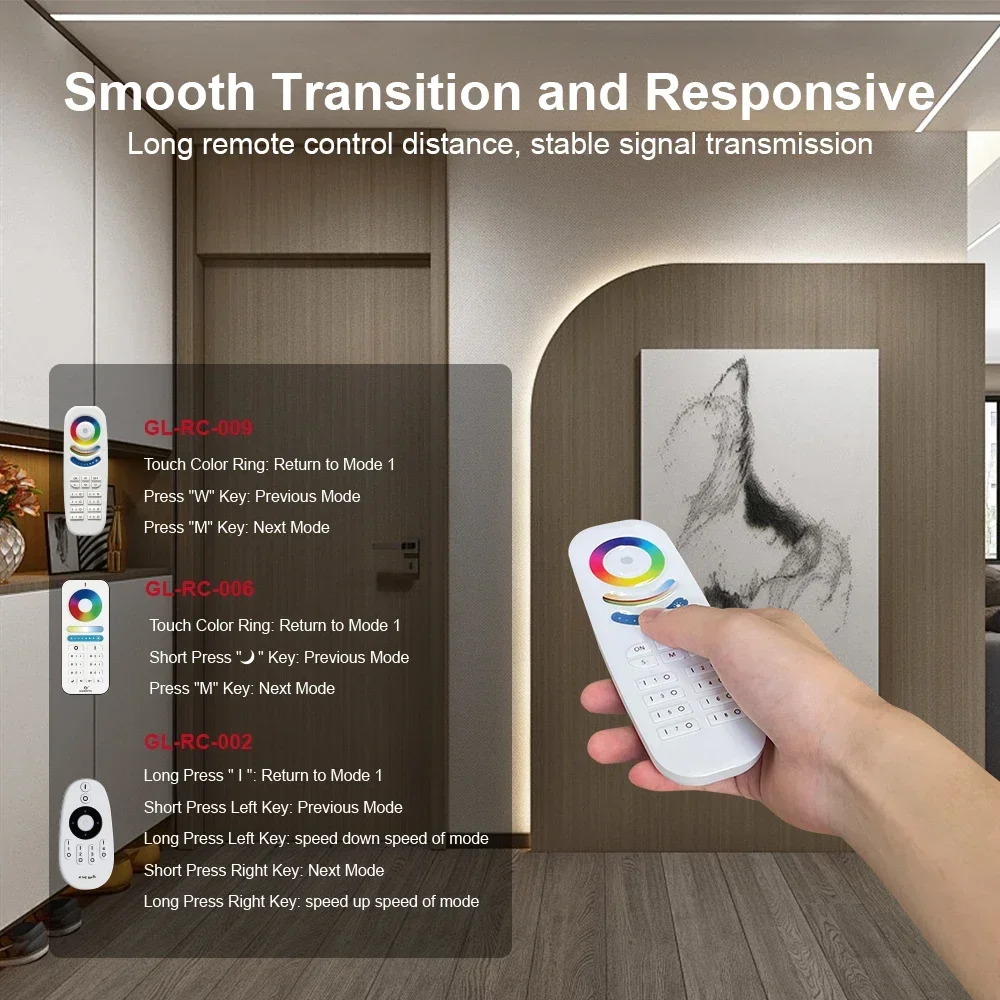 GL-C-213 Single Color Digital Pixel LED Controller 800IC DC5-12V 7 Dynamic Mode Easy Wiring Power On Setting RF Remote Control