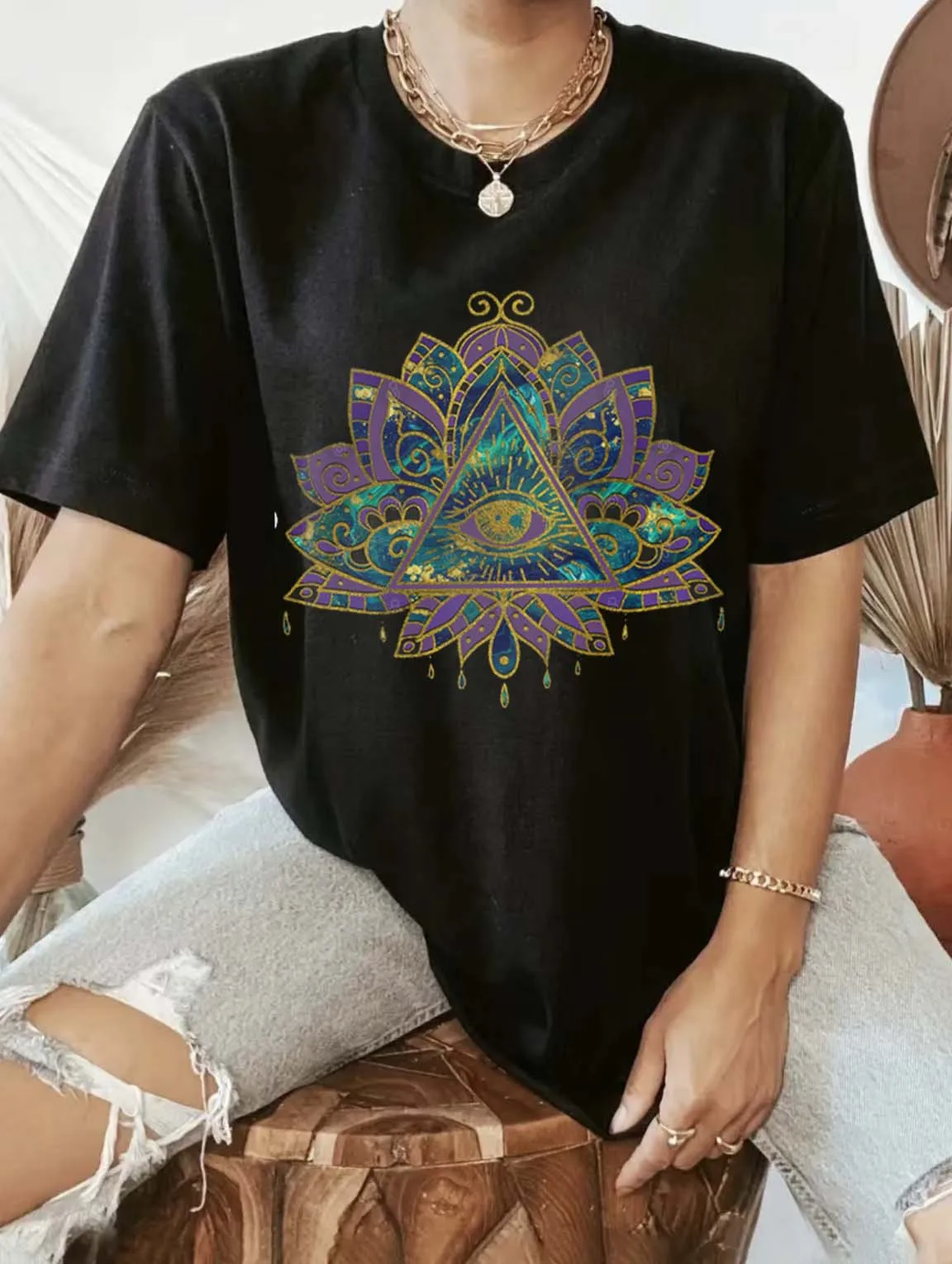 All Seeing Mystic Eye In Lotus Flower T-Shirt Basic O-Neck Print 90s Fashion Short Sleeve Women's Fashion Versatile Style T-Shir