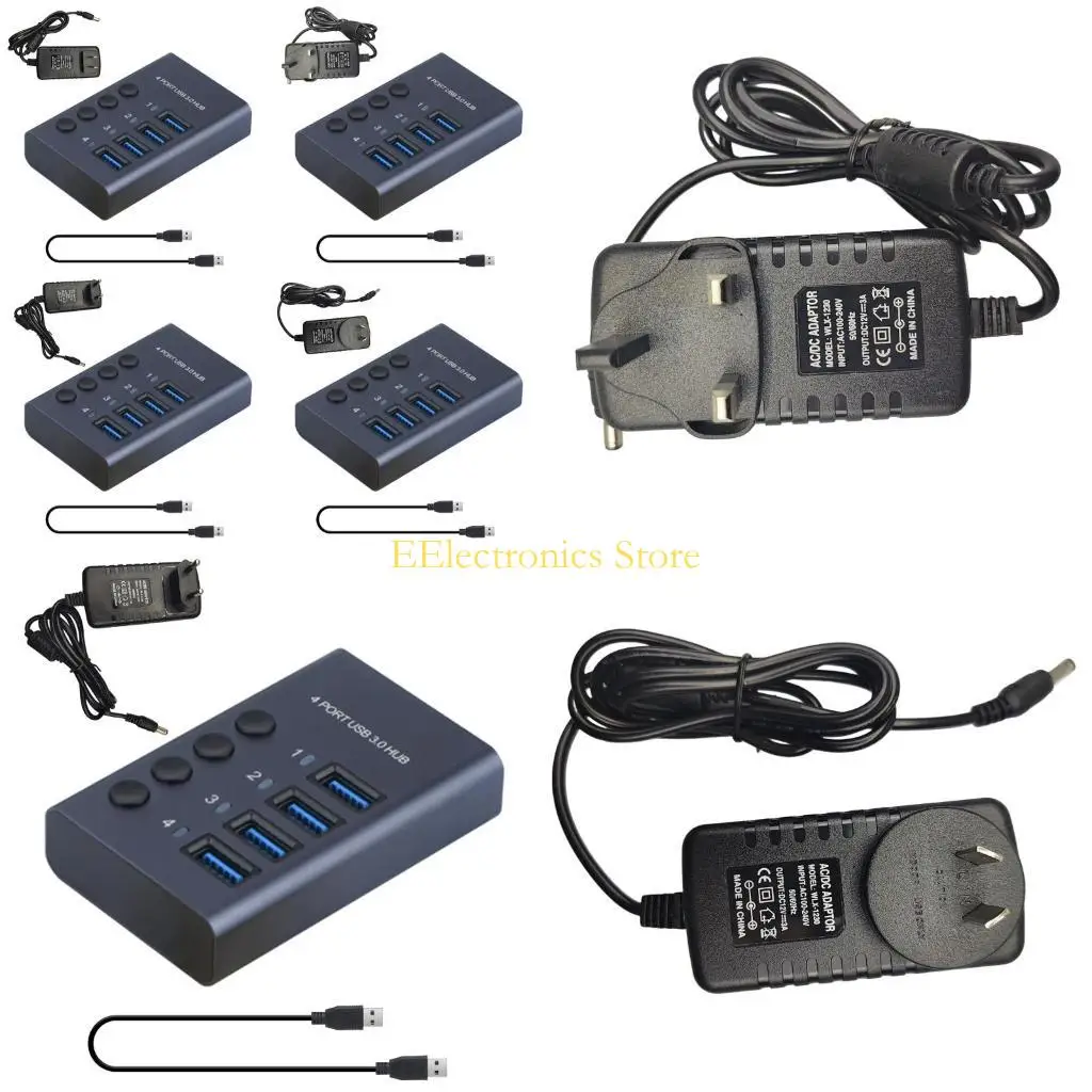 B03C 4-Port USB 3.0 Hub Expander with Individual Power Switches & LED Includes 36W 12V/3A Power Adapter 5Gbps Speed