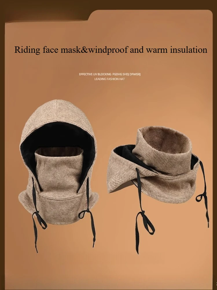 Hooded Riding Face Mask, Windproof, Thickened and Plush Hat, Integrated with Neck and Collar for Driving
