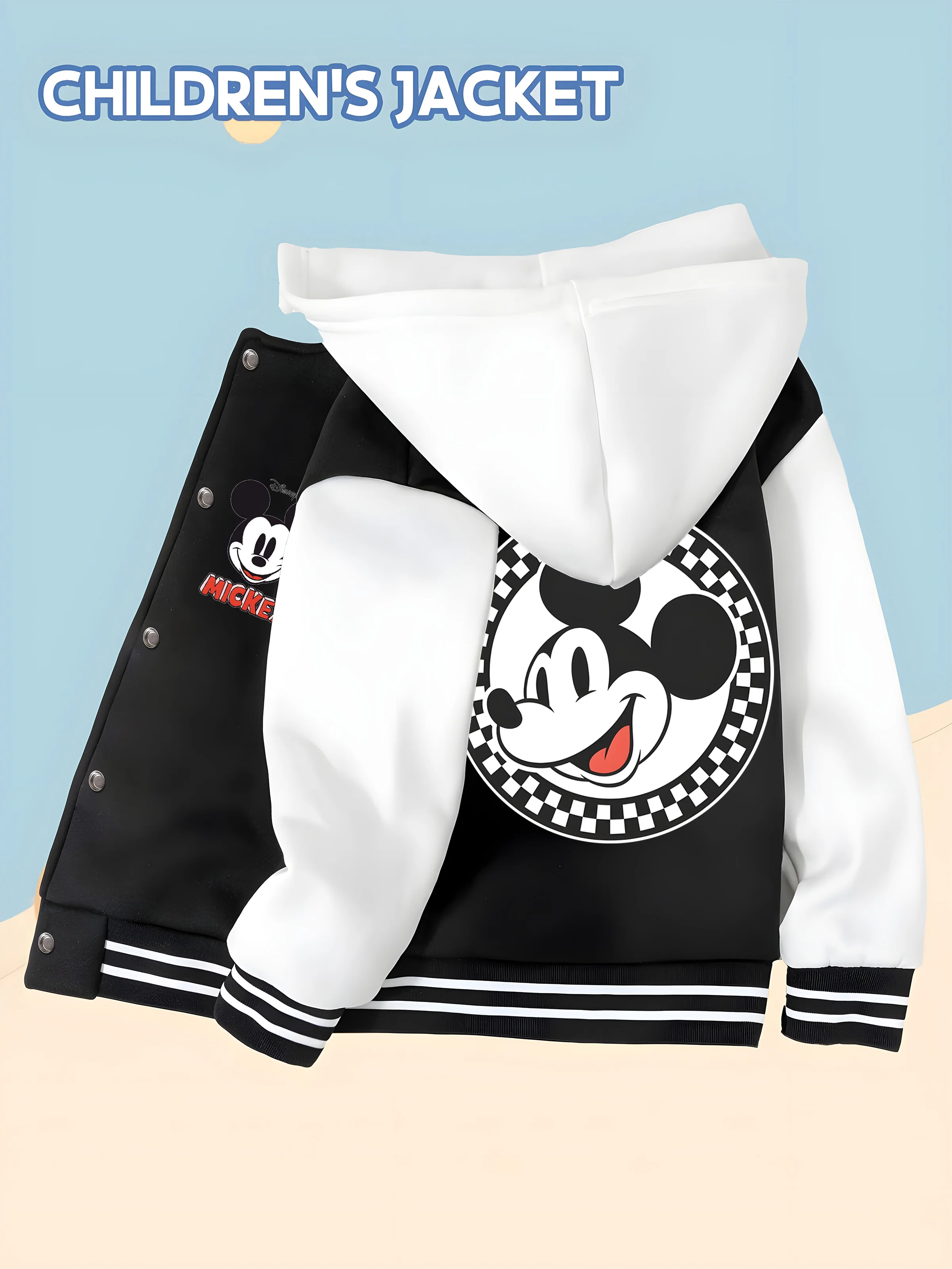 

MINISO Disney Mickey Checkerboard Boys' Baseball Jacket - Trendy Double-Sided Print, Soft Fabric, Comfortable and Casual Wear