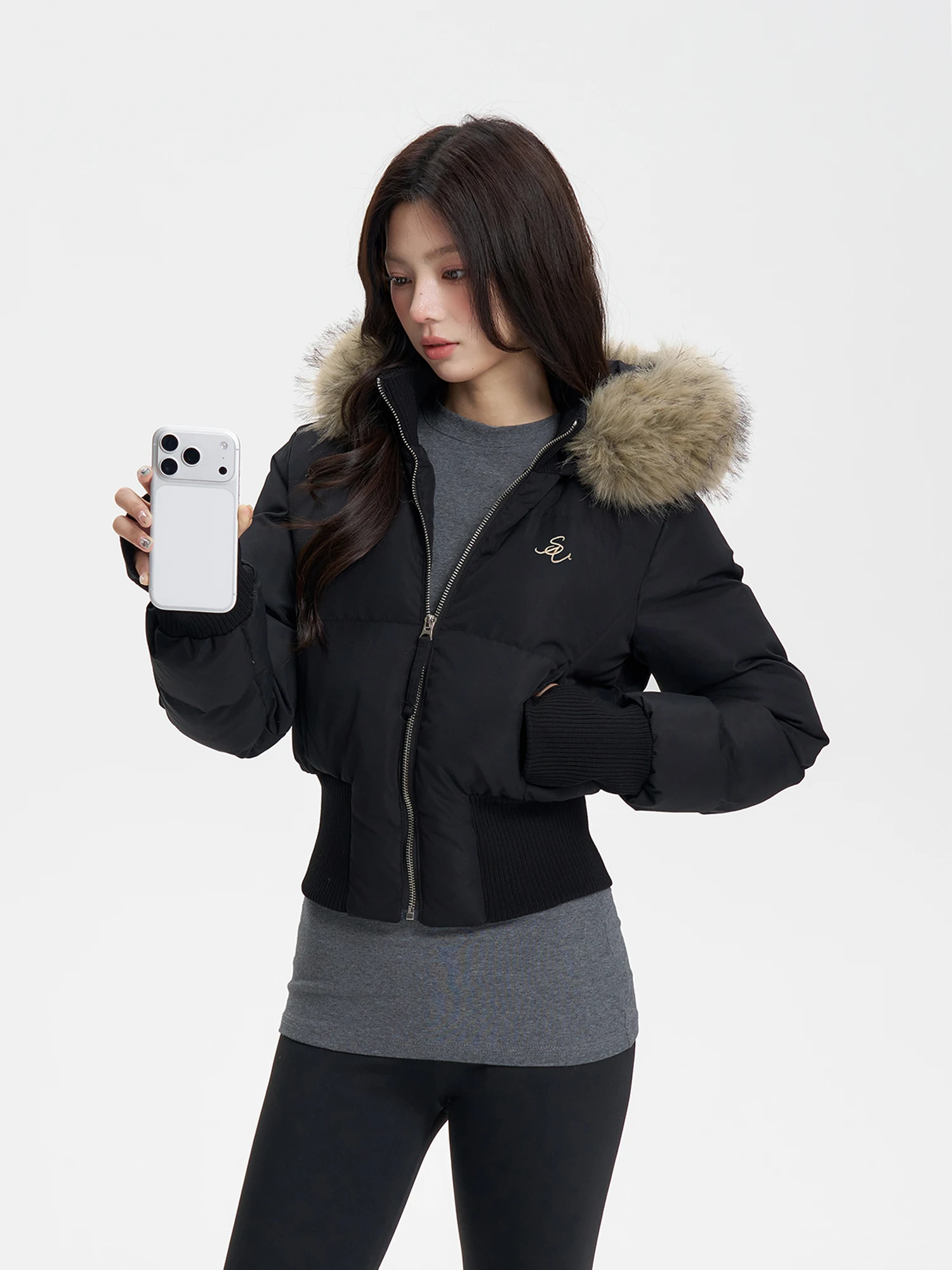

Insliisa Thiened ort Hooded Bla Korean Sle Women's Cotton Jaet Winter Waist-Cinching Warm Coat with Fur Collar