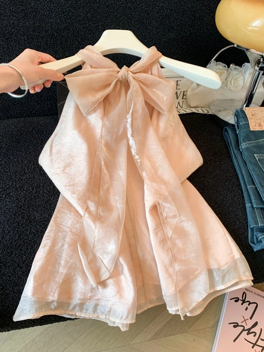 

Pink Orange Knot Neck Hanging Chiffon Shirt Women Summer Pure Desire Shoulder Exposure Silk Beautiful Small Shirt S...