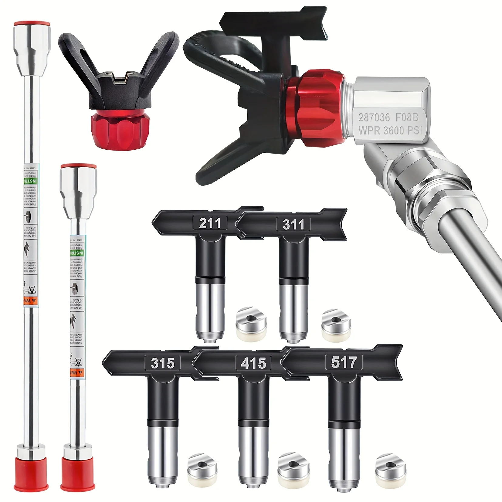 10-Piece Airless Spray Gun Tip Extension Rod Kit, with Swivel Joint Dual-Sided Spray Heads (211, 311, 315, 415, 517), 2 Extensio