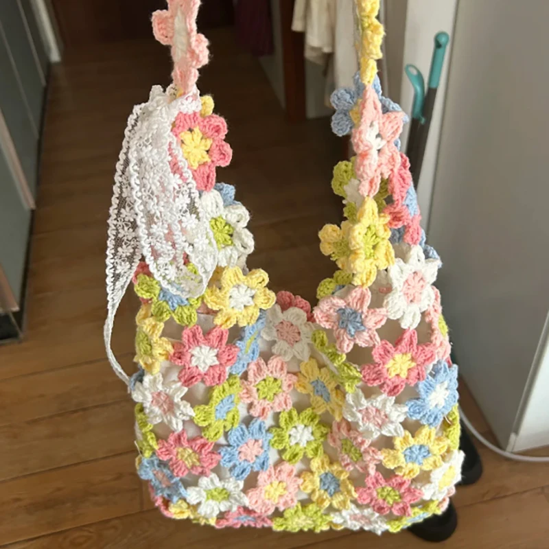 

Colorful Flower Crochet Shoulder Bag For Women Cute Handmade Knitted Tote Bag Lightweight Summer Beach Travel Handbag