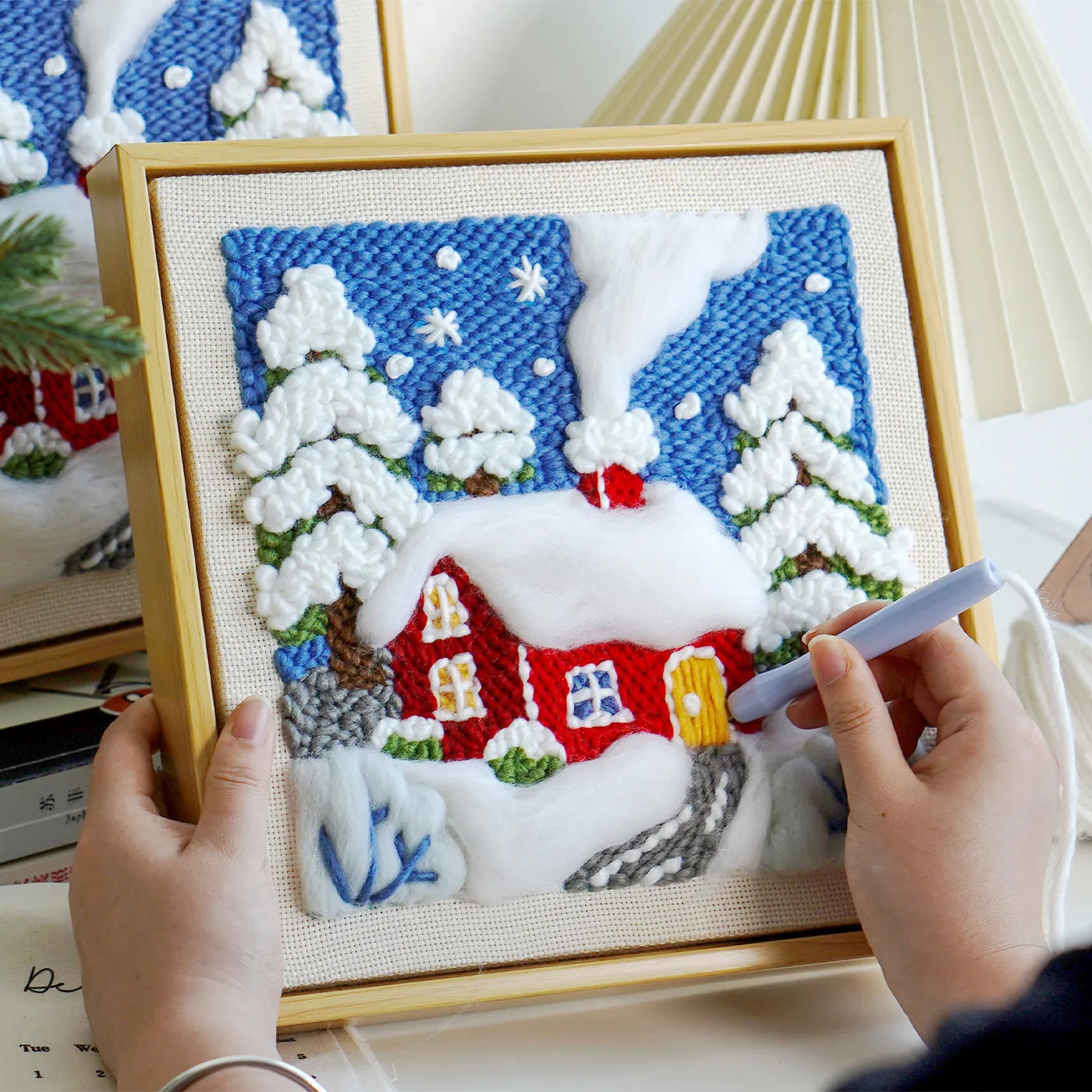 

Punch Needle Embroidery Kits for Beginner Scenery Wool Needle Felting Crafts Kit with Yarns Poke Embroidery Kit Home Decor