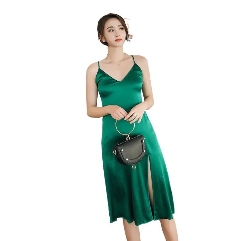 

Korean Elegant artificial silk dress Sexy Slit Bodycon Club Party dress Women fashion spaghetti strap Acetate satin Dress 2023