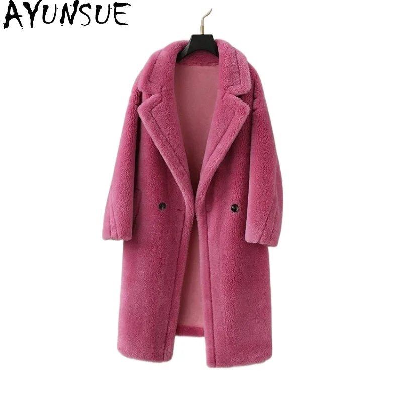 AYUNSUE-abrigo de piel de lana 100% para mujer, abrigos largos de talla grande, abrigo de esquila de ovejas para mujer, ropa de moda de invierno, Fourrure 2025