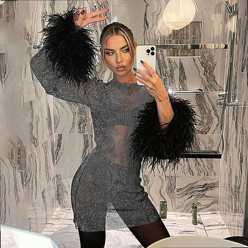 Shiny Mesh See Through Sexy Nightclub Bodycon Dress Dresses Spring Summer Sexy Nightclub Mini Dresses