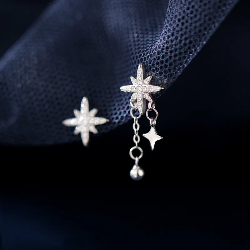 New 925 Sterling Silver Asymmetrical Star Earrings Temperament Charm Shiny Earrings Birthday Gift to Women's Fine Jewelry