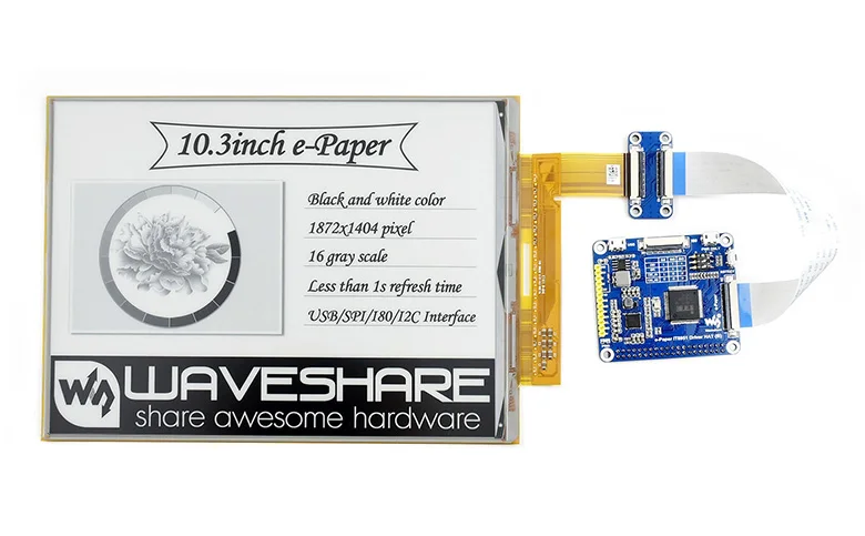 10,3 inch e-Paper HOED (D), 1872×1404, 10,3 inch flexibel E-Ink-display HOED voor Raspberry Pi, IT8951-controller, USB/SPI/I80-interfa