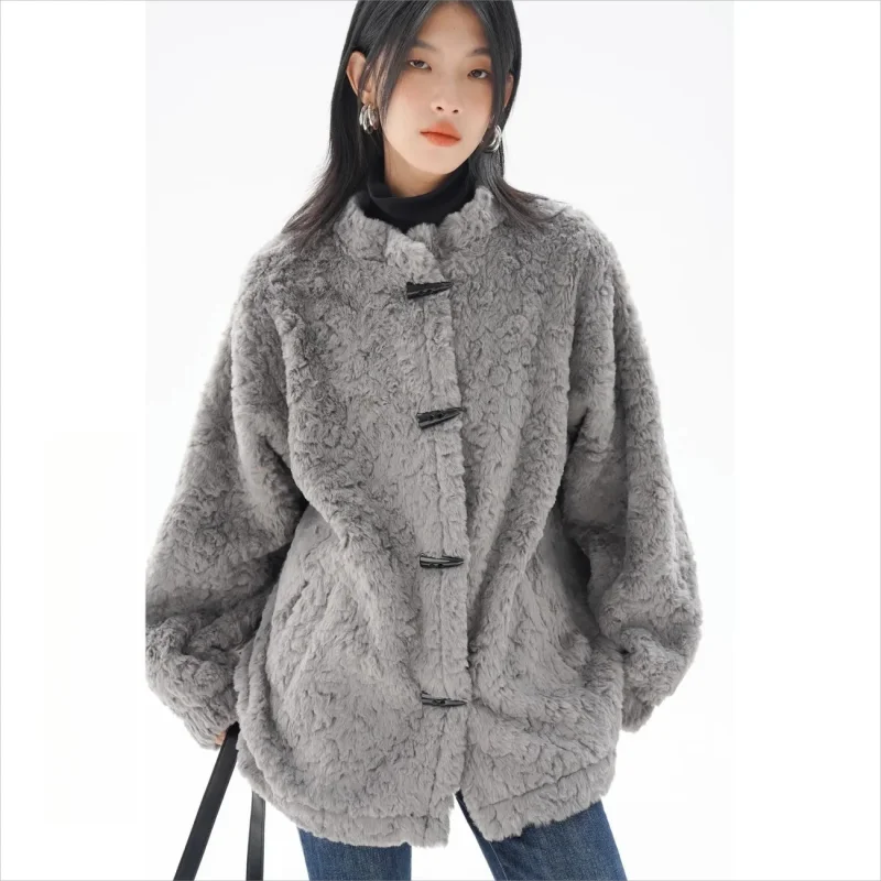 Veste en fourrure de lapin de vison pour femme, manteau d\'optique chaud en peluche, bouton en corne, vêtements d\'extérieur en fourrure douce, laine