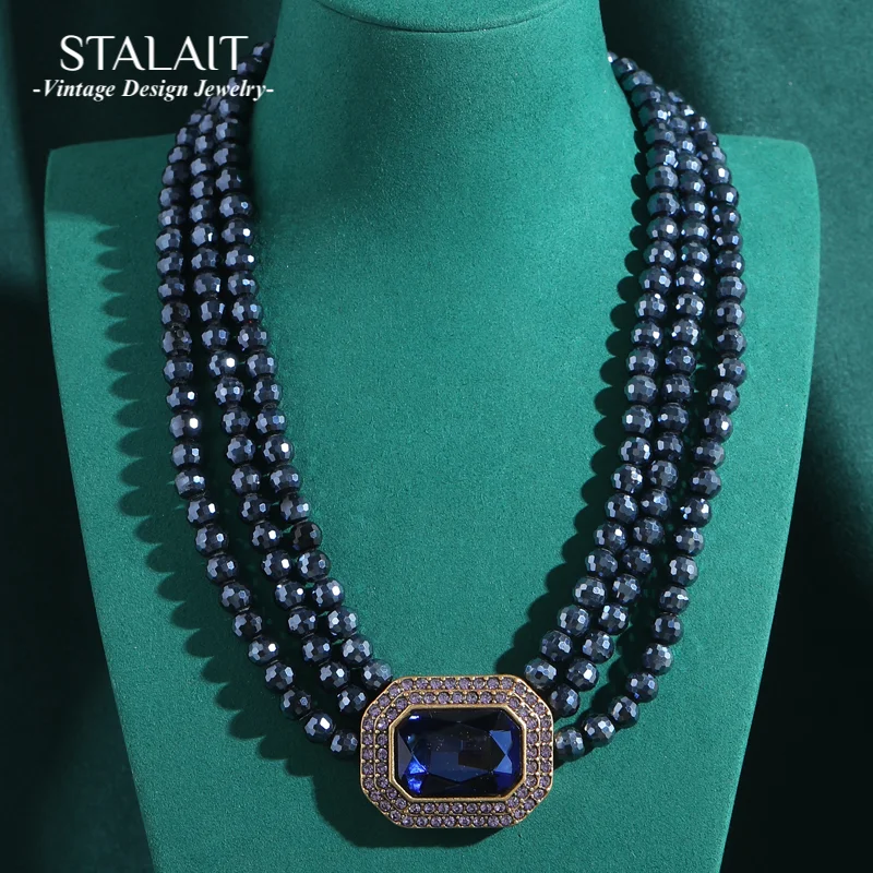 Vintage Layered Necklace Beaded Woman Blue Square Crystal Pendant Charm Gold Color Summer Accessories Luxury Designer Jewelry