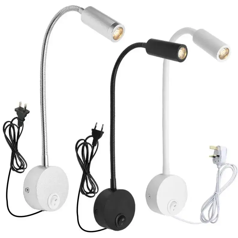 

Plug Wired Flexible 3W Gooseneck Led Wall Light Sconce Lamp Lighting for Bedroom Reading Bathroom with Plug, black white