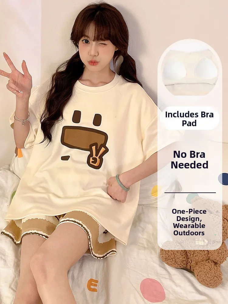 

Pachadog Women's Spwear Summer Cotton ort Sve One-Piece Cute Spring Summer Home Clothes with Chest Pad Sweet Sle