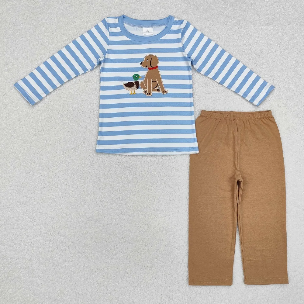 New Fashion Baby Boys Embroidered Duck Puppy Blue aAnd White Striped Long Sleeve Brown Trousers Suit Wholesale Boutique Suit