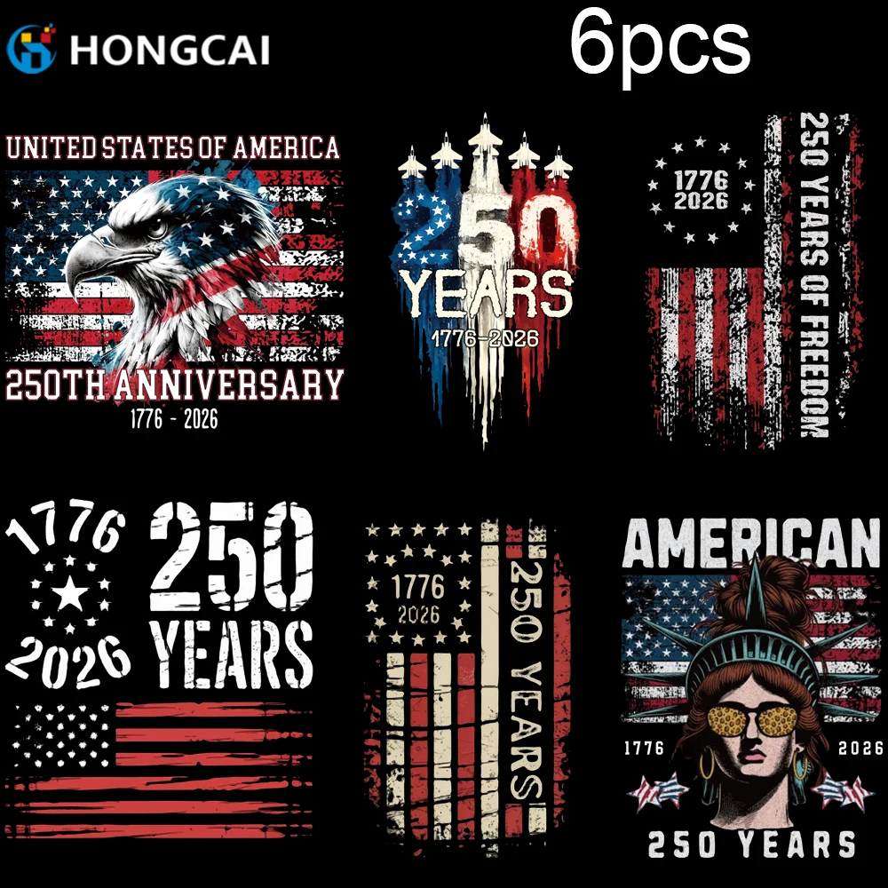 

6 Stück Thermotransfer-Vinylfolien mit Motiven zum 250-jährigen Jubiläum der USA, ideal für die DIY-Verzierung von Kleidung