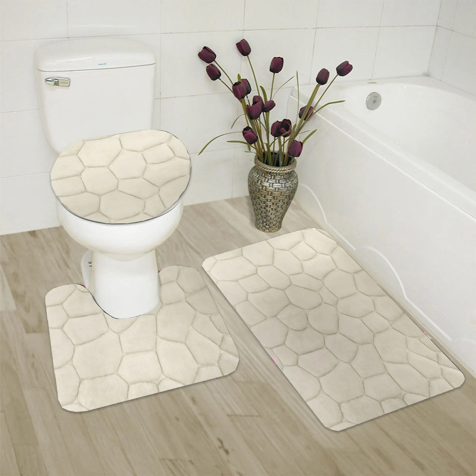 3 Piece Rock Memory Foam Bathroom Mat Set Flannel Embossed Rug Mat Toilet Lid Cover 19 Rug for Bathroom Floor Large