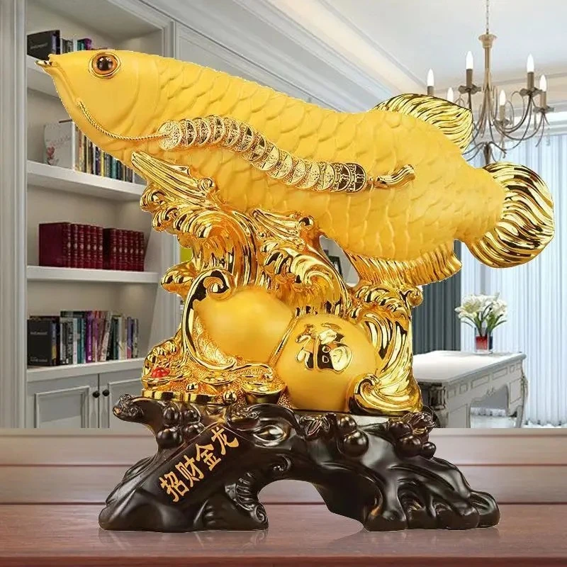 Golden Dragon Fish Wealth Ornament Home and Living Room Decorations Office Housewarming, Opening, Gift Giving Resin Crafts