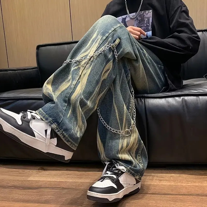 

Мужские джинсы с эффектом тай-дай, широкие брюки в стиле хип-хоп, американский уличный стиль, длинные свободные прямые брюки, молодежные джинсы