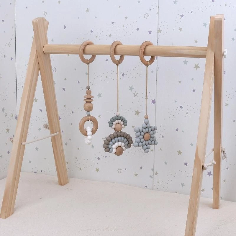 J15U صالة الألعاب الرياضية للأطفال الإطار المعلقات حلقة خشبية سيليكون الخرز عضاضة عربة حشرجة الموت الرضع حديثي الولادة التسنين #6