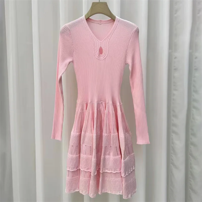 Women's dress New elastic knitted slim mini dress for autumn 2025 V-neck hollow out short dresses Lotus leaf edge cake dress y2k