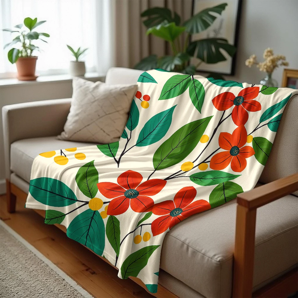 Red Floral Leaf Lightweight Microfiber Soft Christmas Fleece Blanket Warm Cozy Throw for Bed Sofa Office Travel All Season