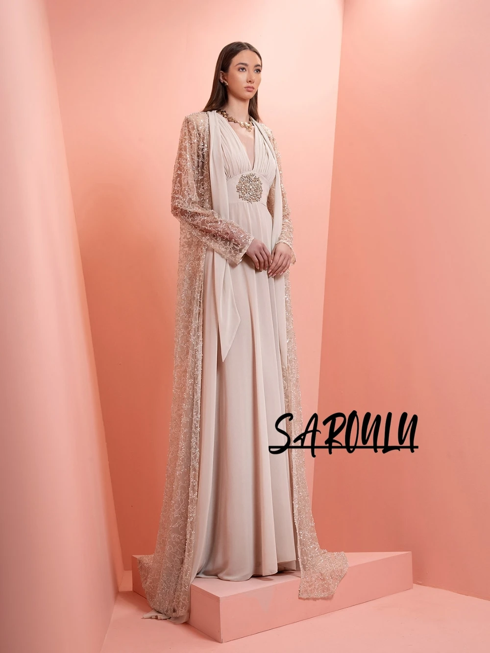 

Two Pieces Deep V Neckline Glitter Evening Dress Customized New Arrival Formal Banquet Flowing A Line Beaded Prom Gown