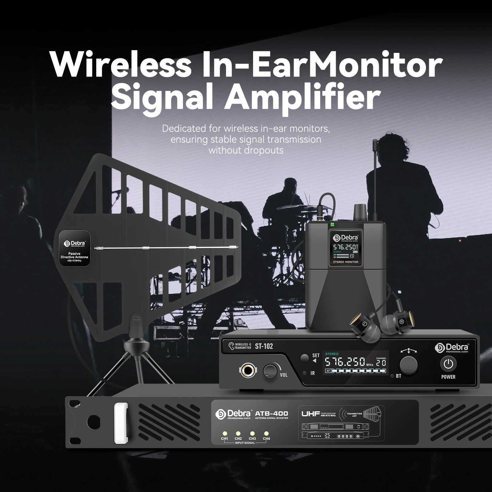مضخم إشارة مراقبة لاسلكي داخل الأذن من Debra ATB-400، تعزيز نطاق الإشارة حتى 200 متر، يستخدم لعروض المسرح
