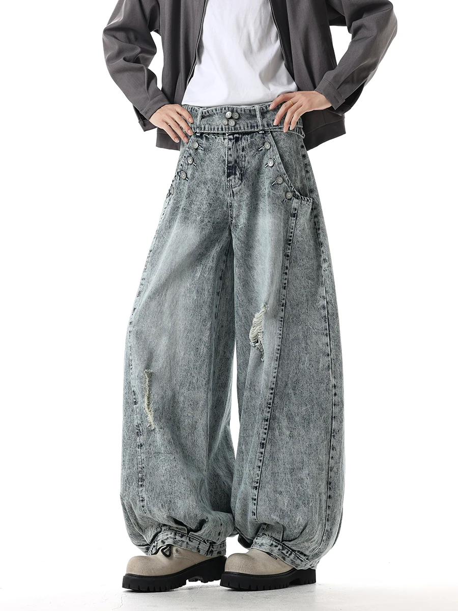 

Boyue American Retro Denim Jeans Men Women Vintage Waed Loose Faion Long Pants Dra Lantern Pants Casual All Seasons