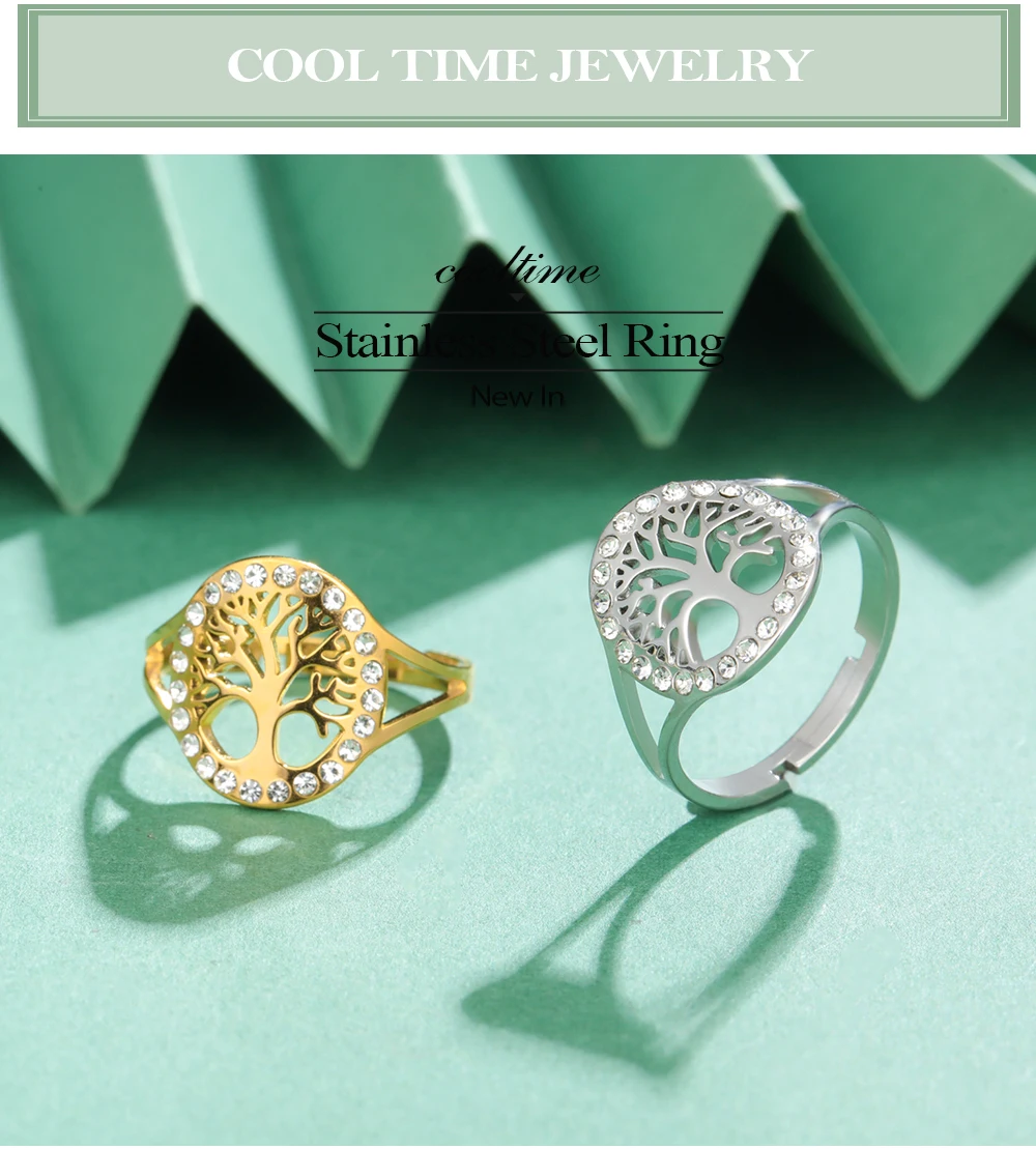COOLTIME Baum des Lebens Klarer Zirkon Ring Edelstahl Verstellbar Damen Amulett Fingerringe Schmuck Geschenk – Detail 1