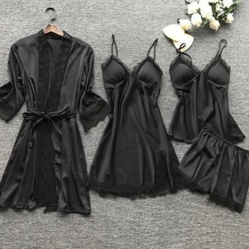 4 Pieces/Set Women's Sexy Lace Pajamas Fashion V-Neck Gown Comfort Pajamas Pajamas Pajamas with Chest Pads Nightdress