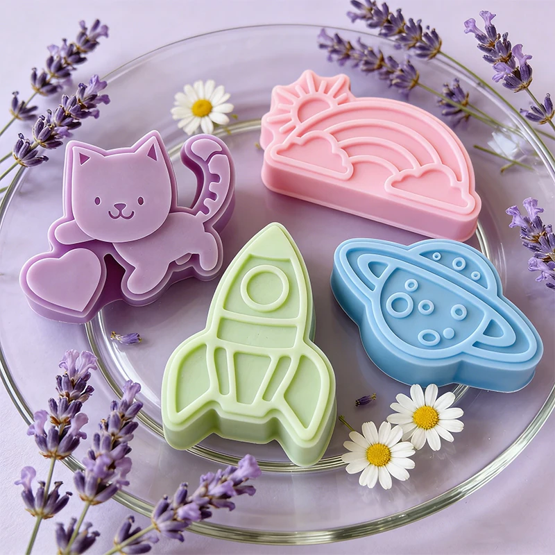

Cute Cartoon Silicone Mold Set Cat Heart Rocket Rainbow for Safe Candle & Resin DIY Colorful Kids Room Decor Gift