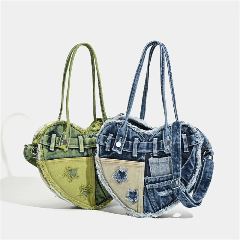 High Class Denim Tote Bag Large Capacity Underarm Bag Quirky Heart Water Wash Denim Crossbody Bag For Females
