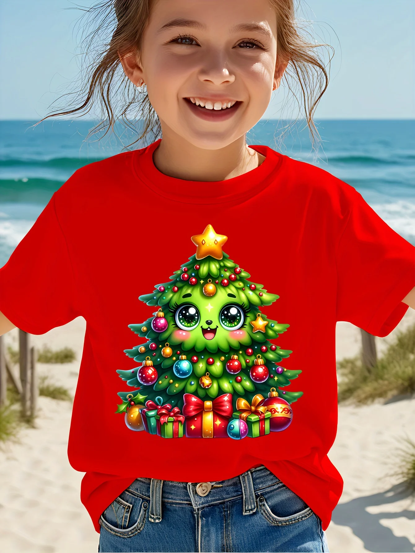 Cute Christmas Tree Pattern Printed Children's T-shirt, Fashionable and Versatile T-shirt, Personalized Parent-child Outfit
