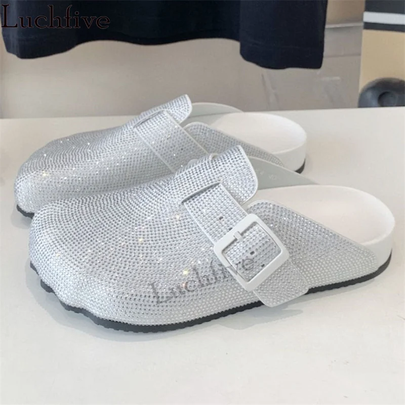 

Luxury Rhinestone Flat Slippers for Men Round Wrap Toe Home Crystal Slippers Fashion Casual Vacation lovers loafers Slippers Man