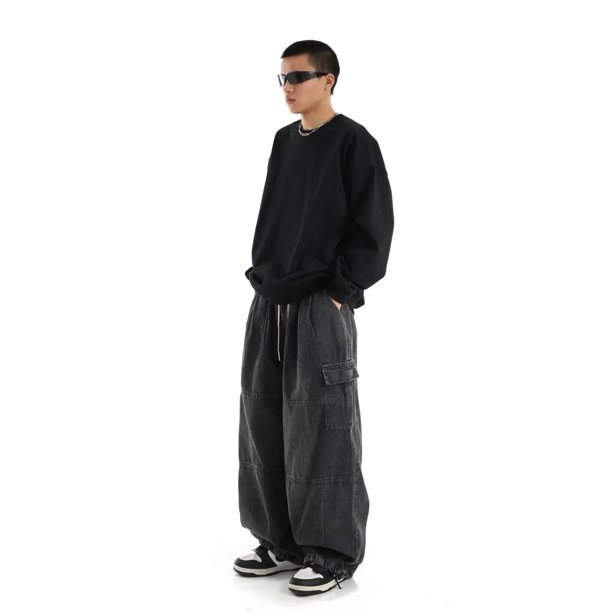 Schwarze Baggy-Cargohose für Herren, lässig, weites Bein, Jogginghose, Übergröße, Vintage, gerade, lockere Arbeitsjeanshose, weicher Komfort – Detail 15