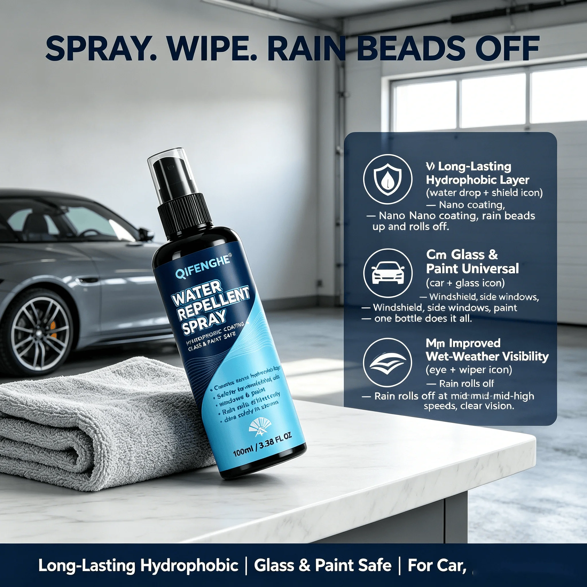 Water Repellent Anti-Fog Glass Coating for Auto Windshield, Creates Hydrophobic Layer, Beads Rain for Sharp Visibility and Secur