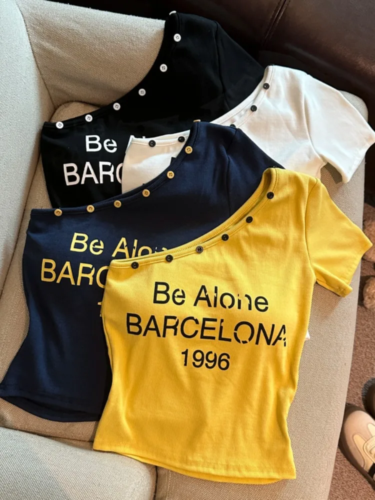 

Dopaamine Style Short Sleeve Shoulder Bared Women's T-shirt with Chest Pad Pleated Summer Citywalk Polyester Fiber Casual Top